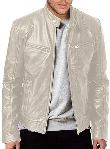 Vestes en Cuir Hommes Vintage PU Cuir Vestes Simple Similicuir Moto Blouson Bomber Blouson avec Fermeture Éclair Coupe-vent pour Automne Hiver, Argent (Silver), L