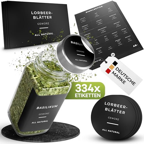 SIMPLESTICK ® Gewürzetiketten selbstklebend [334 Stück] - Gewürzaufkleber Gewürzetiketten deutsch - Etiketten Gewürzgläser eckig fettabweisend - Aufkleber Gewürzgläser wasserfest & modern (schwarz)