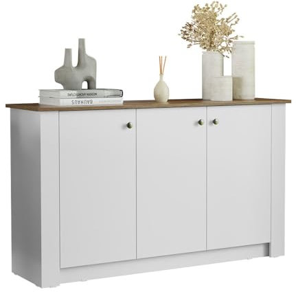 Madesa Sideboard Buffet Storage Utility Cabinet with 3 Doors 53 Inch Wooden Organization Entryway Unit for Dining Room, Living Room, Bedroom - White/Brown