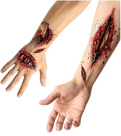 Horror-Shop Knochenbruch & Fleischwunden SFX Aufklebe-Tattoo für Halloween - Jugendliche - Rot, Beige, Schwarz - Wasserfest - Klassisch, Böhmisch - Halloween Kostümzubehör