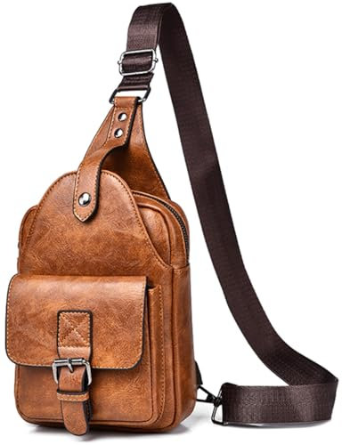 Hjkiopc Kleine Sling Tasche für Herren,Leder Brusttasche,Wasserdichte Schultertaschen,Lässige leichte Tasche,Handy Tasche,Crossbody Tasche für Wandern,Radfahren,Camping (Hellbraun)
