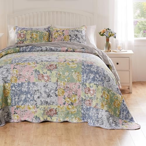 Greenland Home Emma Gestepptes Tagesdecken-Set im Vintage-Stil, 3-teilig, Jumbo-King-Size-Bett, Grau