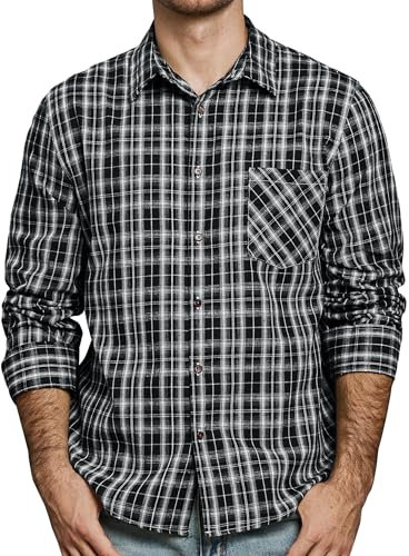 JOGAL Chemise à carreaux pour homme - Manches longues - Coupe droite - En coton - Avec poche, Noir , M
