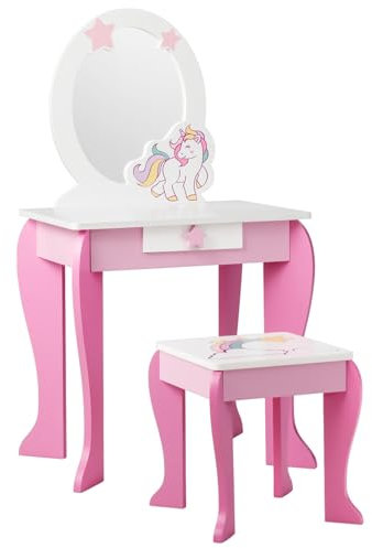 DREAMADE Kinder Schminktisch mit Hocker und Abnehmbarer Spiegel, Prinzessin Frisiertisch für Kinder, Frisierkommode mit Schublade, Kinderschminktisch für Mädchen (Rosa)