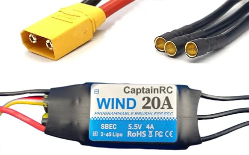 captainrc 20A ESC with 5.5V/4A BEC 2-4S Electric Speed Controller with XT60 & 3.5mm Bullet Plugs for Fixed Wing Airplane/RC Drone Airplane/Brushless Motors
