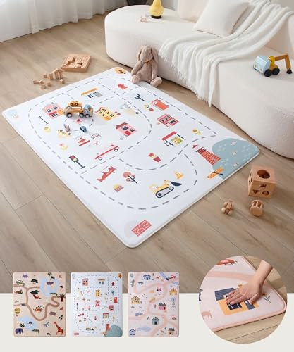 Wolkenweiche Spielmatte Baby 160x120x1,5cm – Kinderzimmer Teppich mit hochwertigem Memory-Schaum – Krabbelmatte Baby mit rutschfester Unterseite – Autoteppich für Kinder, Kinderteppich, Straßenteppich