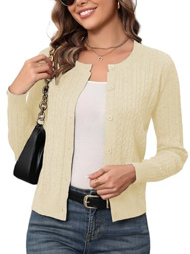 Women Elegant Vintage Cable Knit Cardigan Long Sleeve Button Closure Lightweight Coat for Spring Autumn-Soft Beige/L
