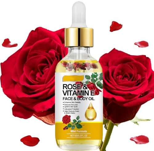 Rose Vitamin E Oil,60ml Rose Vitamin E Face & Body Oil, Rose Vitamin E Oil for Skin Anti-Aging Hydrating,Used for anti-Wrinkle, Stretch Marks, Facial Massage and 100% Natural Vitamin E Oil