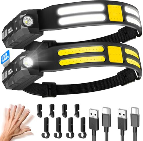 Linterna Frontal LED Recargable, 2 Piezas Super Brillante Linterna Cabeza con Indicación del Nivel de Batería, Sensor de Movimiento, 230° Ángulo, Impermeable Linterna Frontal para Correr Pescar