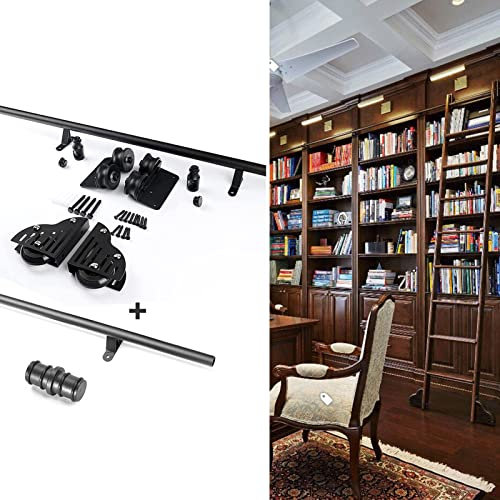 Sliding Rail Kit for Bookshelf - Rolling Library Ladder Hardware, Full Set Kit for Home Office with Floor Roller Wheels