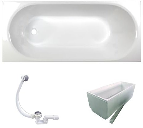 sanicomfort Badewanne Komplettset Basic Rechteck 170x75 cm – Acryl-Badewanne weiß mit Wannenträger & Ablaufgarnitur, Wärmedämmung & Schalldämmung, pflegeleicht & robust