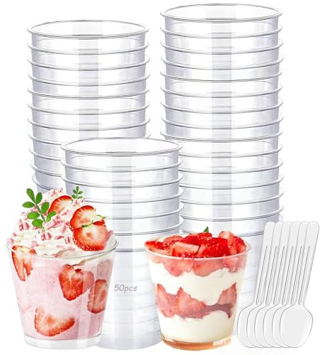 WSeltrium Lot de 50 Tasses à Dessert 200ml, Ensemble De Tasses à Dessert Tasse à Dessert Réutilisable Avec Cuillère Pour Les Desserts De Fêtes Dessert