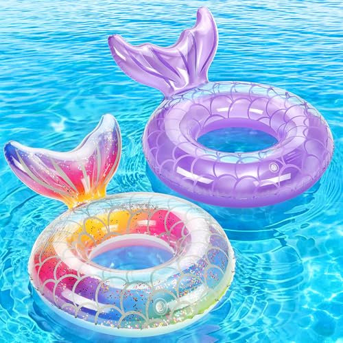 MoKo Anillo de Natación para Niño, Flotador de Natación Inflable Portátil con Diseño de Cola de Sirena para Playa Piscina Parque Acuático Fiesta, Diámetro 58 cm, Arco Iris+ Morado