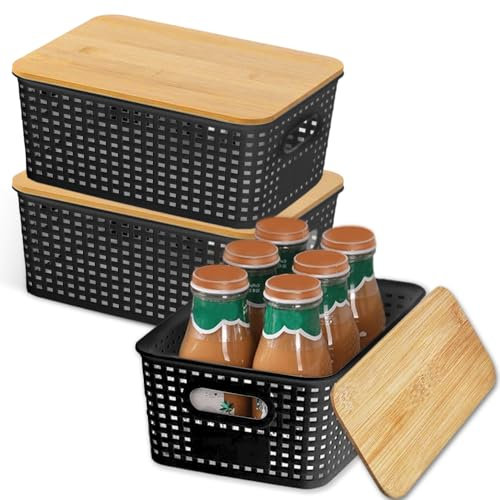Piashow Aufbewahrungsbox mit Bambus Deckel,Kunststoff Korb Aufbewahrung,Klein 3 Stück 5L Aufbewahrungsbox,Stapelbare Aufbewahrungsboxen,für Regale, Schränke, Schränke und Zuhause (Schwarz)