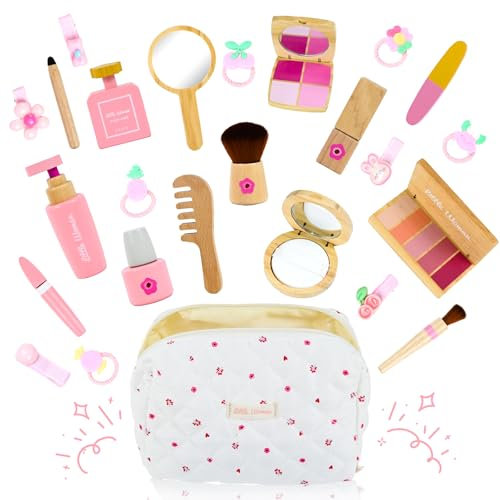 Joellfuner Maquillage Enfant Fille en Bois, Coffret Maquillage Enfant, Jeux de Maquillage, Jouet Imitation Bois avec Tatouage, Elastique Cheveux et Barrette Cheveux, Cadeau Fille 3 4 5 6 7 8 Ans