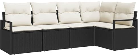 vidaXL 5-teiliges Garten-Sofa-Set mit Kissen in Schwarz und Creme aus Poly-Rattan | Modulares, wetterfestes Outdoor-Sektions-Sofa für eine stylische Terrasse oder Lounge