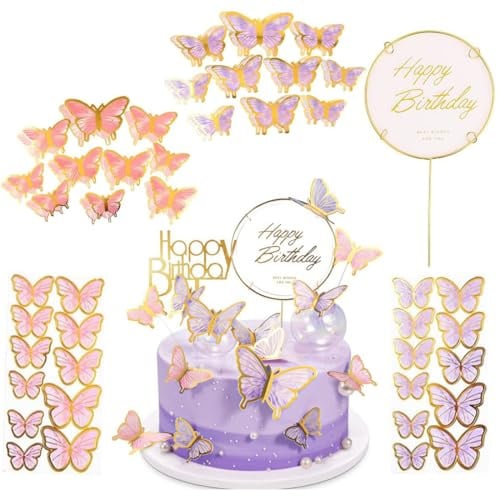 COYUN 63 Pcs Tortendeko Geburtstag, 3D Dreidimensional Schmetterlinge Deko Torte, Kuchen Deko, Cake Topper Geburtstag, Tortendeko Mädchen, Torten Deko, für Hochzeit,Party,Essen Dekoration (Rosa, Lila)