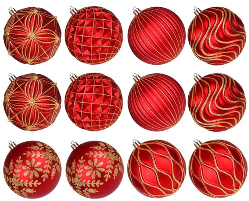 Lanpn 12 Pcs 10cm Bolas de Navidad Grandes, XXL Bola Árbol Navideñas Exterior, Esferas Navidad Plástico Inastillable de Relieve Patrón, Adornos Navideña Colgante para Hogar Jardines Patios, Oro & Rojo