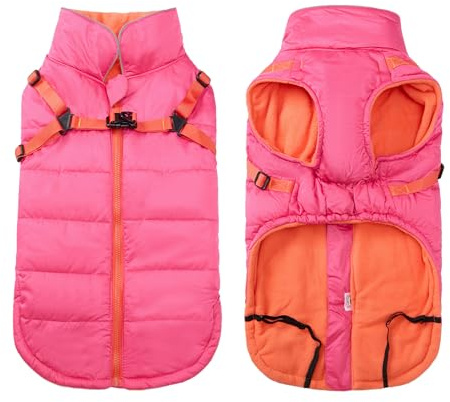 babepet Waterproof Dog Coat with Harness,Warm Dog Winter Jacket with Fleece Lining,Reflective Vest Pet Clothes with Adjustable Chest Strap-Pink-XS