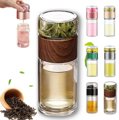 Teava 3-in-1 Smart Tee-Infuser, Tryteava Glas-Infuser, Tragbarer Glas-Doppelwand-Tee-Infuser, Tee- und Wasser-Trennbecher mit Sieb für leicht, auslaufsicher (Braun, 550 ml)