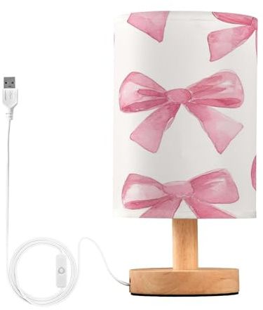 Cgiub Pink Bow Bedside Table Lamp for Bedroom with Fabric Shade Wood Base & USB Port LED Nightstand Desk Reading Light for Office Living Room Nursery Decor