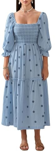 Himllauen Women Casual Long Dress 3D Embroidered Flowers Square Neck Puff Sleeve Dress Fashion A line Dress Streetwear for Lady