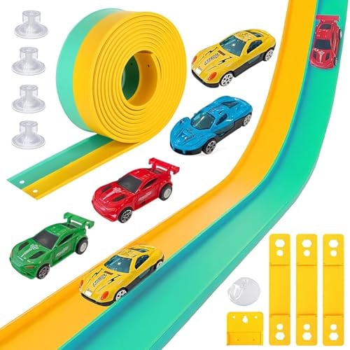 Flexible Rennbahn Kinder, Flexible Autorennbahnen, Tragbare Rennstrecke, Flexible Rennbahn Dual Rennstrecke, Rollt Auf Tragbare Dual R-ennstrecke Rampen, Geschenke für Jungen und Mädchen