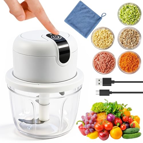 350ml Zwiebel Zerkleinerer Elektrisch, Elektrischer Küchenzerkleinerer | Kabelloser Zerkleinerer mit Mikrofasertücher, Gemüsezerkleinerer Klein für Zwiebeln Obst Nüsse Fleisch, Knoblauch