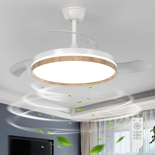 Mckalen Einziehbare Deckenventilator mit Beleuchtung, Unsichtbare Deckenventilator mit Fernbedienung Dimmbar, 3 Farbtemperatur und 6 Geschwindigkeiten, Reversible Deckenlampe Ventilator, Weiß + Holz