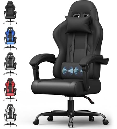 Devoko Gaming Stuhl mit Massagefunktion, Bürostuhl Ergonomisch mit Verstellbarer Ruckenlehne (90-135), Schreibtischstuhl mit Bewegliche Armlehne, max 135kg, Schwarz