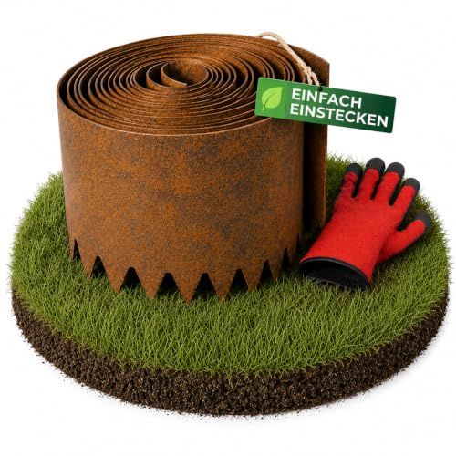 GardenVenture Beeteinfassung Metall aus Cortenstahl 5 m – Rasenkante mit Erdspitzen, 15 cm hoch, Flexible Beetbegrenzung aus Stahl in Rostoptik für Garten und Rasen