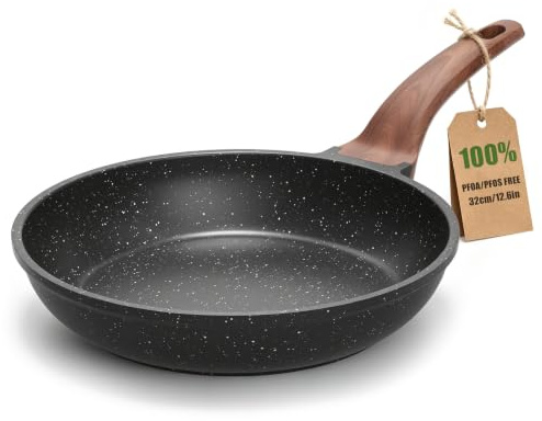 YASHE Bratpfanne 32 cm, Induktion, ungiftig, PTFE- und PFAS-frei | Aluminiumgusspfanne mit Antihaftbeschichtung und Holzoptik-Griff; gleichmäßige Wärmeverteilung; für alle Herdarten