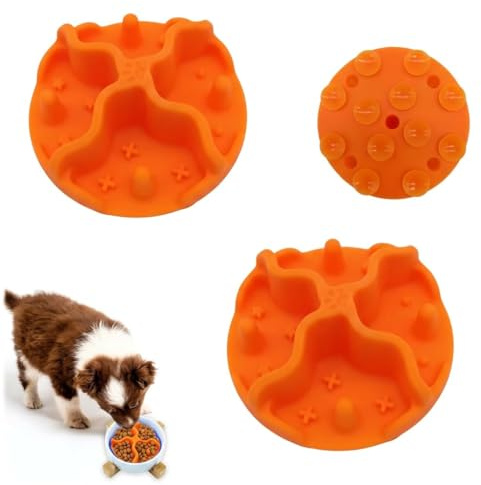 2PCS Silicone Slow Feeder Insert for Dog Bowl - 8cm Orange Anti-Bloat Slow Feeder Dog Bowls Insert with Strong Suction Cups, Cuttable Slow Eating Dog Bowl Insert for Puppy Small