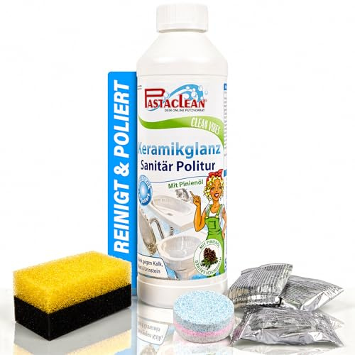 PASTACLEAN Sanitärpolitur Keramikglanz (500 ml) Reinigungs & Polierpaste + 3x WC Power Cleaner Tabs - Badreiniger Set für spiegelnden Glanz in Bad & WC - Made im Germany
