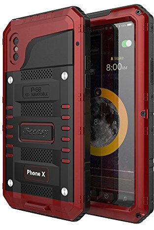 Beeasy iPhone X Waterproof Case Heavy Duty with Build in Screen, iPhone 10 Cover Strong Metal Full Body Protective, Shockproof Drop Proof Tough Military Defender for Outdoor Sports,Red