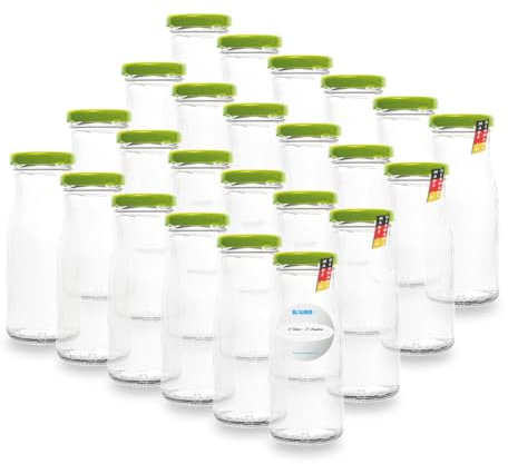 24 Leere Flaschen, kleine Glasflaschen 150 ml in Weiß TO43 mit hellgrünem Verschluss – Zum Befüllen von Milchflaschen, Saftflaschen, oder als Deko-Vase, inklusive Etiketten
