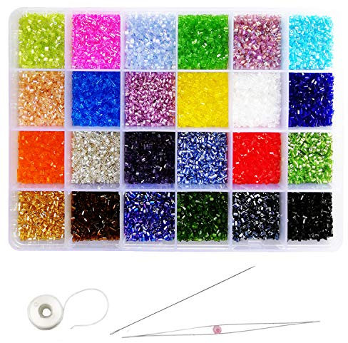 Tibaoffy Size 11/0 Crafts Glass Seed Beads 2mm Bugle Beads Beading Needles with Organizer Box for Jewelry Making (24 Assorted Multicolor Set, Total About 21600pcs)