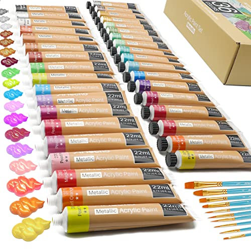 Artecho Metallic Acrylfarben Set 36×22ml Tube mit 10 Pinsel, Wasserfest und Lichtecht, Schnell Trocknend, ideal für Leinwand, Papier, Holz, Stein, Keramik, Stoffe, Modell.