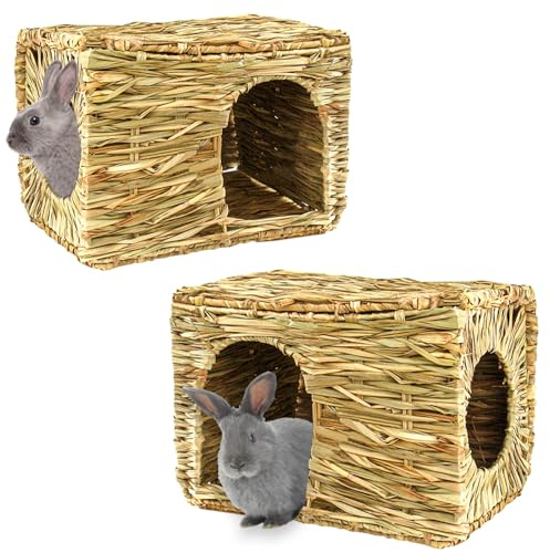 HERCOCCI Extra Large Grass House for Rabbit, Foldable & Comfortable - Small Animal Hut Play Hideaway Bed Hay Mat Chew Toy for Bunny Guinea Pig Hamster Chinchilla (2 Pack)