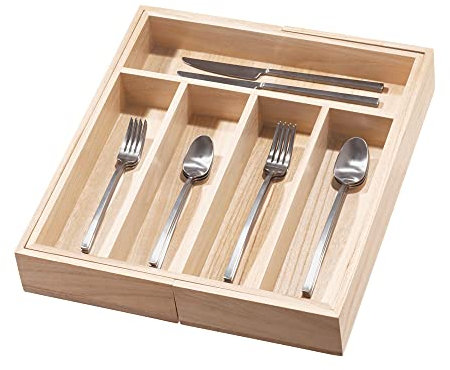 iDesign Bandeja organizadora, porta cubiertos de madera de paulownia, cubertero para el cajón de la cocina o la oficina, organizador de cubiertos y utensilios de cocina, beige