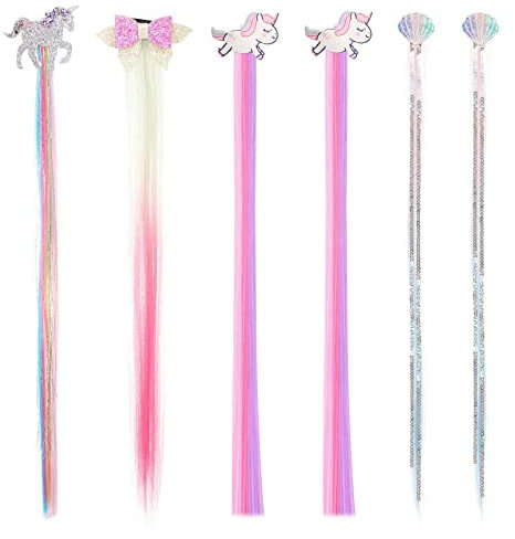 HIFOT 6PCS Haarverlängerung Clips Glattes Haar, Einhorn Meerjungfrau Bogen Mädchen Haarschmuck, Bunte Haarteile Synthese Party Ankleiden