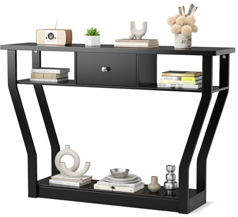 GOPLUS Table Console en MDF Anti-Bascule avec Tiroir et 3 Étagères, Console avec Base Stable et Durable, Idéal pour Salon, Chambre, Entrée,120 x 30 x 81 CM, Charge Max 50KG (Noir)