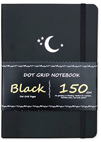 BUKE Gepunktetes Tagebuch – Punktraster-Notizbuch – 150 g/m² schwarzes Papier – 160 schwarze Seiten – für Damen und Herren – A5 PU-Leder Hardcover 14,6 x 21,6 cm und Geschenkbox Moon Stars (BKB-4)