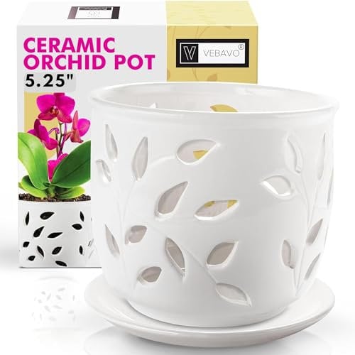 Pot à orchidée et soucoupe en céramique de 13,3 cm, design floral attrayant pour pots d'orchidées avec trous, décoration de grande taille, rempotage facile des plantes, circulation de l'air saine,