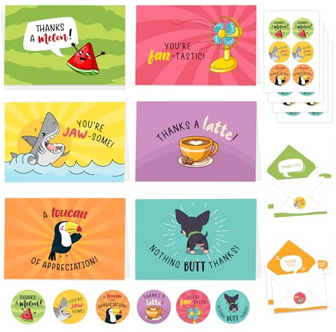 Decorably 24 Pack 6x4in Funny Thank You Cards Multipack with Envelopes and Stickers, 6 Playful Designs Funny Thank You Cards for Colleagues, Friends, Blank Inside - Birthday, Kid's Party