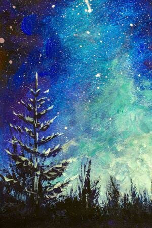 adrium Acryl-Bild 80 x 120 cm: Vertikale Aquarellmalerei Acrylöl auf Leinwand - Weihnachtsbaum bei Nacht vor dem Hintergrund des nächtlichen Sternenhimmels der (134805568)