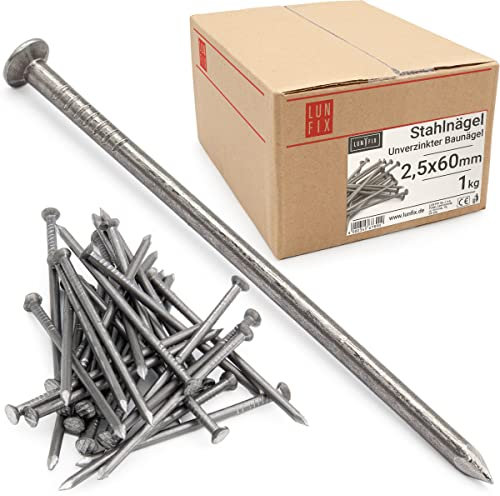 Lun Fix Stahlnägel 2,5 x 60 mm - 1kg (ca. 430 stk.) Holznägel für Bauarbeiten Unverzinkter Baunägel Nägel 60 mm lang Drahtstifte Nägel Senkkopf blank unverzinkt für Tischlerarbeiten, DIY, crafts