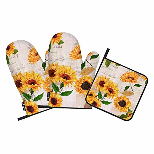 Samgula Sonnenblumen-Ofenhandschuhe und Topflappen-Set, lebendige Blumen, Vintage-Postkarte, hitzebeständig, 3 Stück zum Kochen, Backen, Grillen