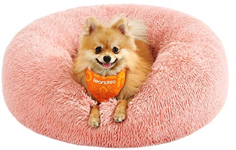 Feandrea Hundebett flauschig, Katzenbett, Donut Kissen, waschbar, Polsterung in der Mitte herausnehmbar, Langer Plüsch, 60 cm Durchmesser, rosa PGW038P01