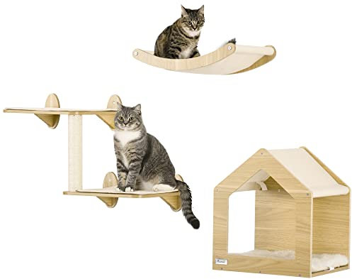 PawHut Estantes para Gatos de Pared 3 Piezas Juego de Estantes Escalada para Gatos con Caseta Hamaca Plataformas y Poste de Sisal Roble